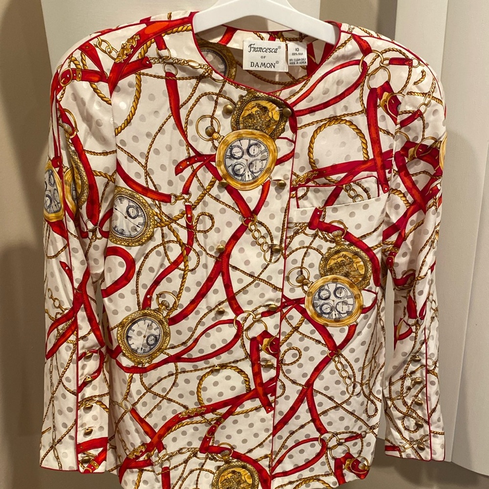 Francesca of Damon Vintage 80s Swiss Dots Equestrian Silk Print top - Picture 5 of 12
